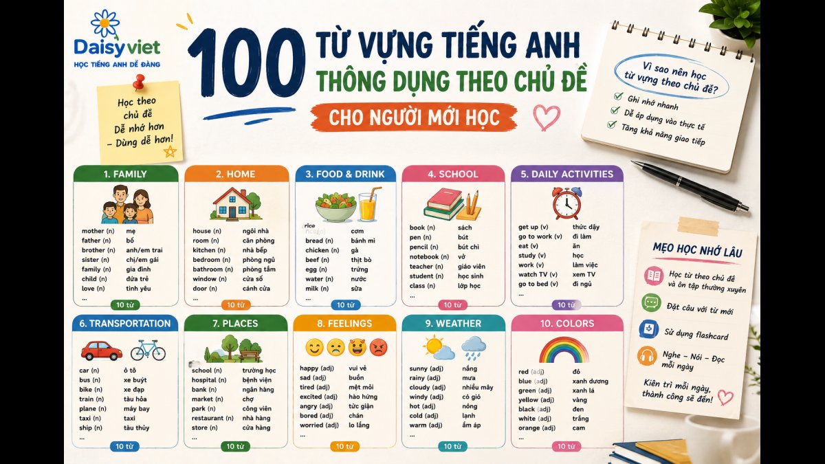 100 Từ Vựng Tiếng Anh Thông Dụng Theo Chủ Đề Cho Người Mới Học