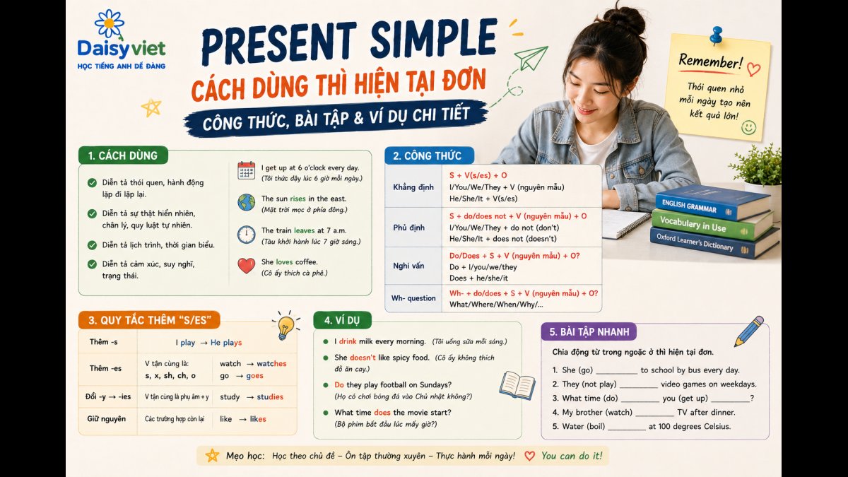 Present Simple: Cách Dùng Thì Hiện Tại Đơn + Công Thức + Bài Tập